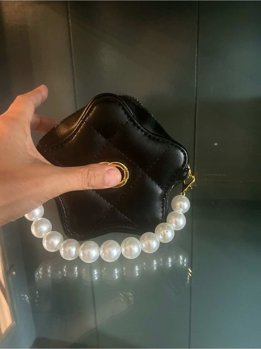 Black Quilted Mini Wristlet with Pearl Handle